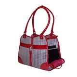 Red and white plaid houndstooth dog carrier hand bag