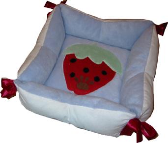 Small blue designer dog bed w/strawwberry image