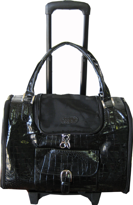 Large faux crocodile pet carrier on wheels